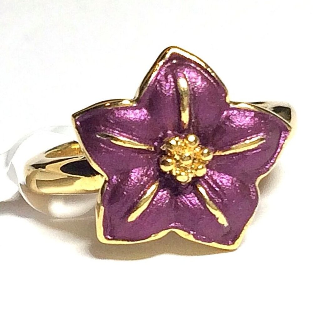 Hibiscus Flower Ring Sz 6 7 8 Gold Plated Tropical Hawaiian Island Purple Enamel